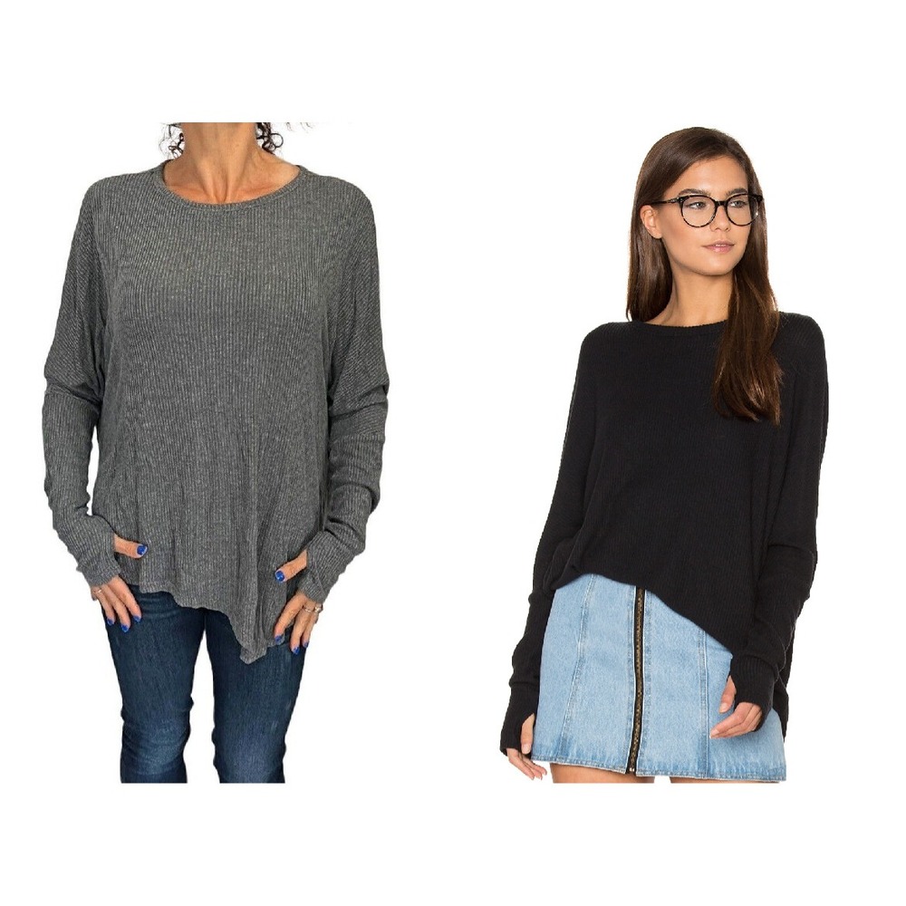 SEN CLAXTON GRAY  RIBBED THUMBHOLES ASYMMETRICAL HEM SWEATER TOP 3 L/XL